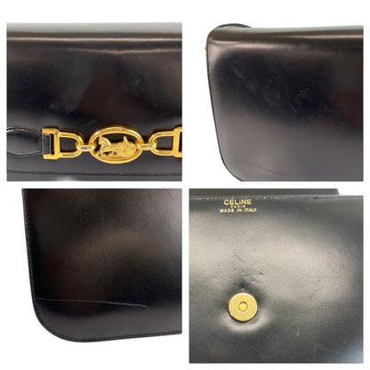 Celine Vintage Horse Carriage Logo Black Gold Leather Shoulder Bag