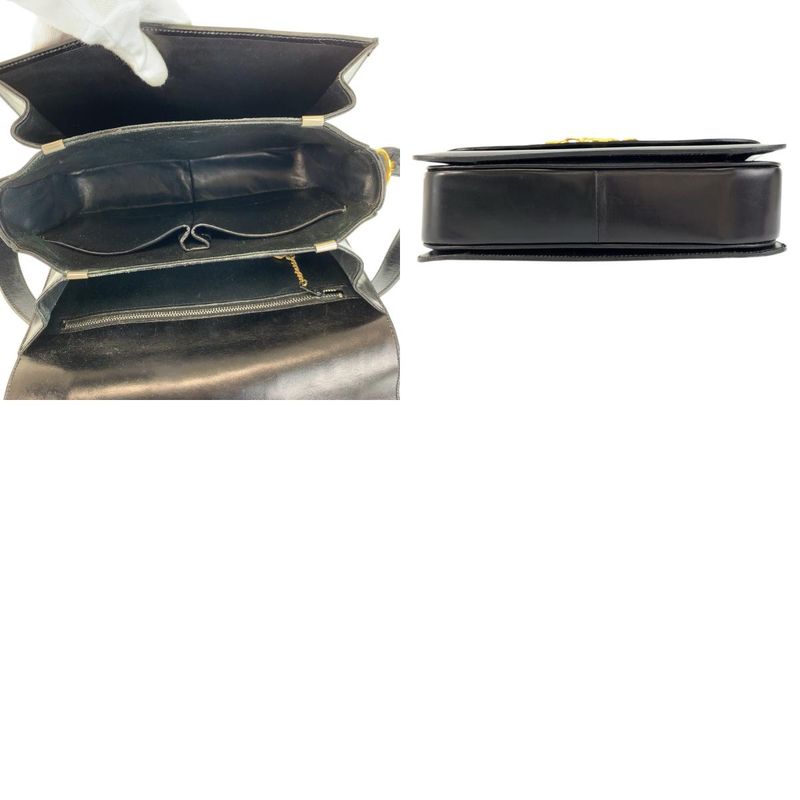 Celine Vintage Horse Carriage Logo Black Gold Leather Shoulder Bag