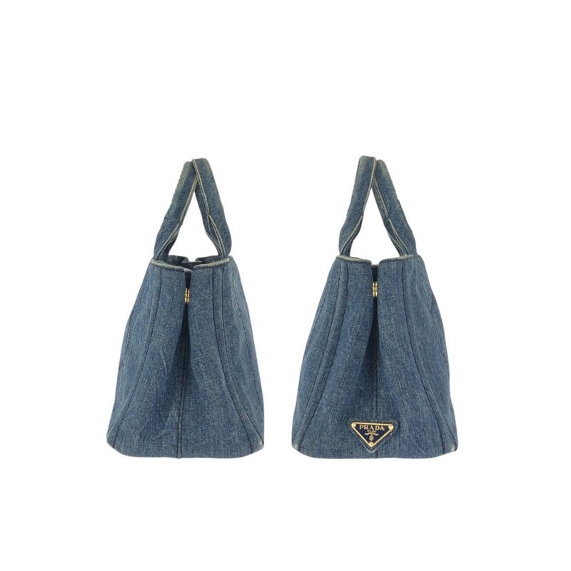 Prada Canapa Triangle Logo Plato Blue Gold Denim Tote