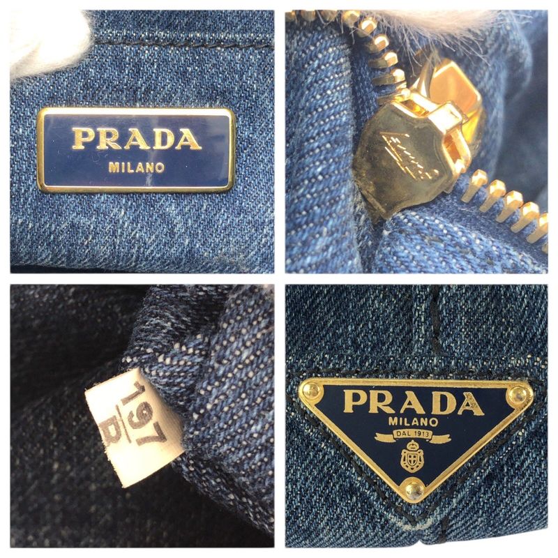 Prada Canapa Triangle Logo Plato Blue Gold Denim Tote