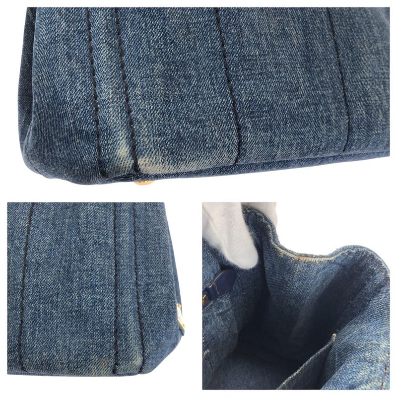 Prada Canapa Triangle Logo Plato Blue Gold Denim Tote