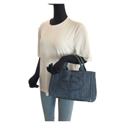 Prada Canapa Triangle Logo Plato Blue Gold Denim Tote