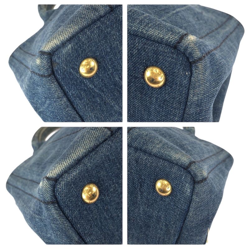 Prada Canapa Triangle Logo Plato Blue Gold Denim Tote