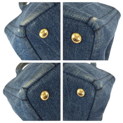 Prada Canapa Triangle Logo Plato Blue Gold Denim Tote