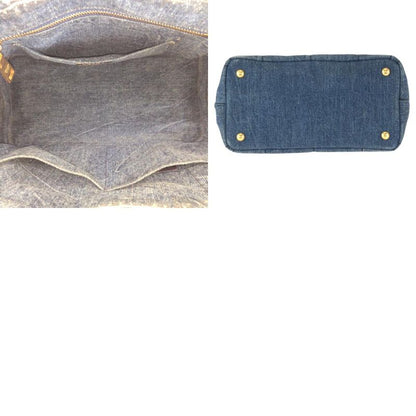 Prada Canapa Triangle Logo Plato Blue Gold Denim Tote