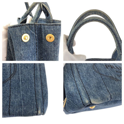 Prada Canapa Triangle Logo Plato Blue Gold Denim Tote