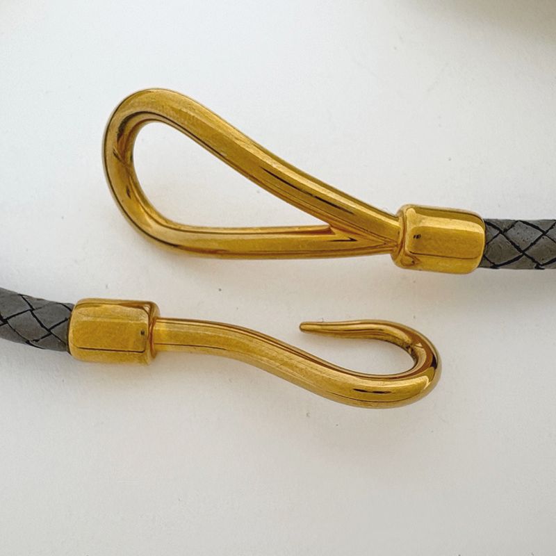 Hermes Jumbo Bracelet Bangles 2 Rows Choker Leather Gray Gold