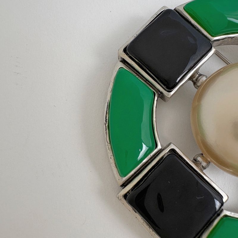 Chanel Faux Pearl Brooch CC Logo Metal Silver Green Black