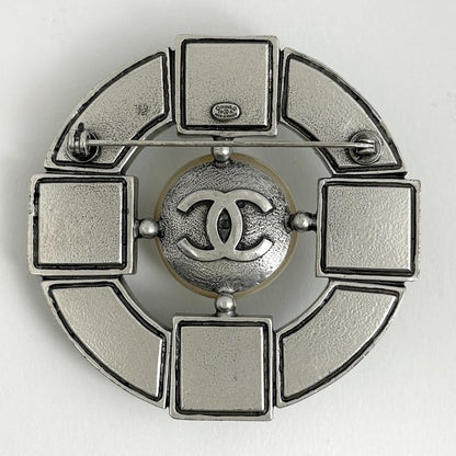 Chanel Faux Pearl Brooch CC Logo Metal Silver Green Black
