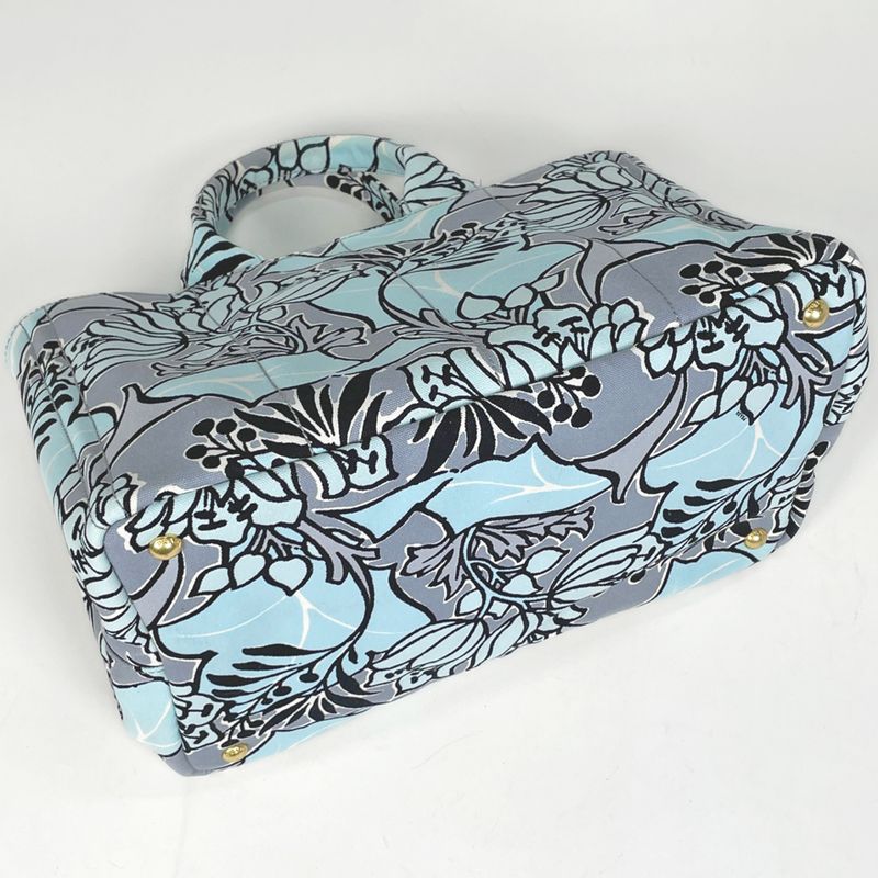 Prada Canapa Tote Floral Pattern Flower 2-Way Shoulder Bag Canvas Light Blue