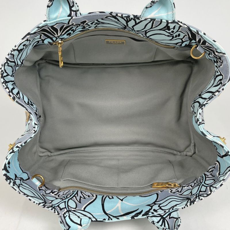 Prada Canapa Tote Floral Pattern Flower 2-Way Shoulder Bag Canvas Light Blue