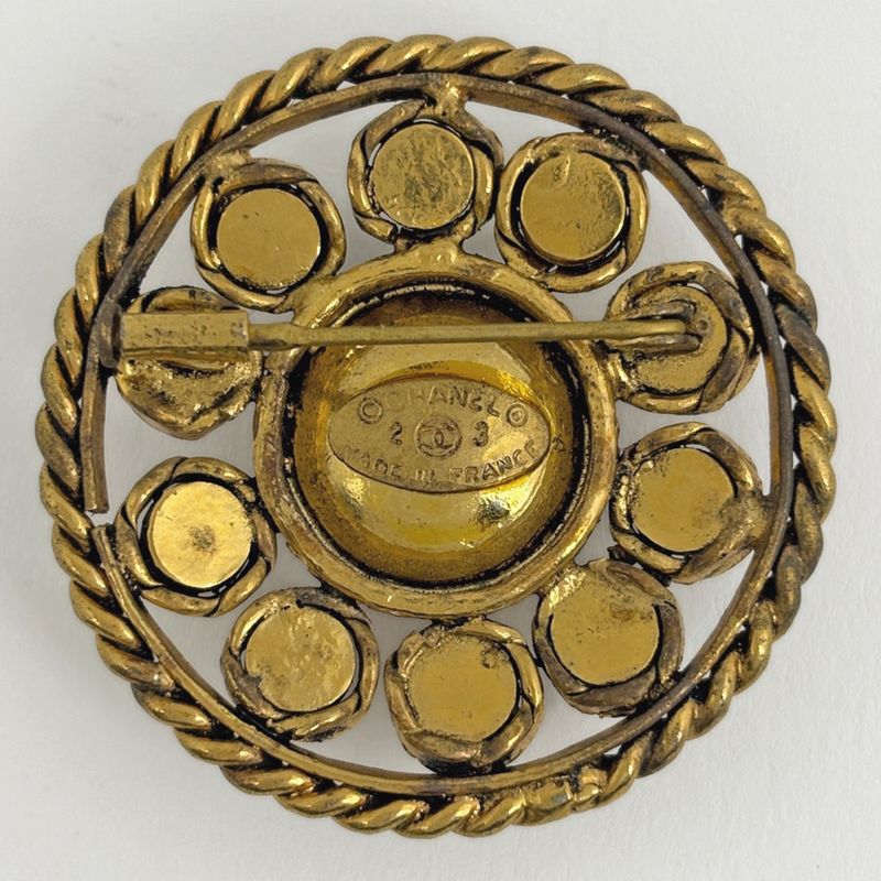 Chanel Color Stone Round Brooch Gripoix Line Gold