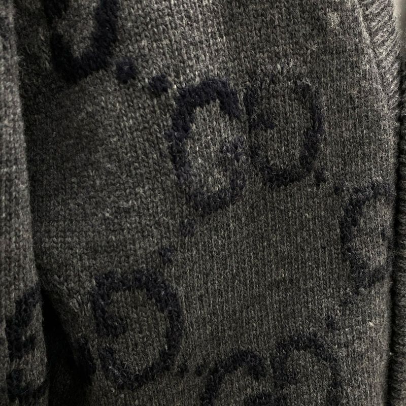 Gucci Cardigan L Gray Dark Long Sleeve GG Pattern Wool