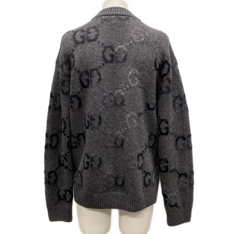 Gucci Cardigan L Gray Dark Long Sleeve GG Pattern Wool