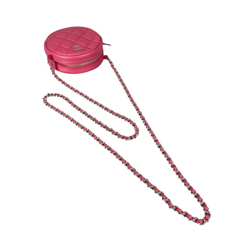 Chanel CC Logo Round Chain Quilted Mini Shoulder Bag Pink