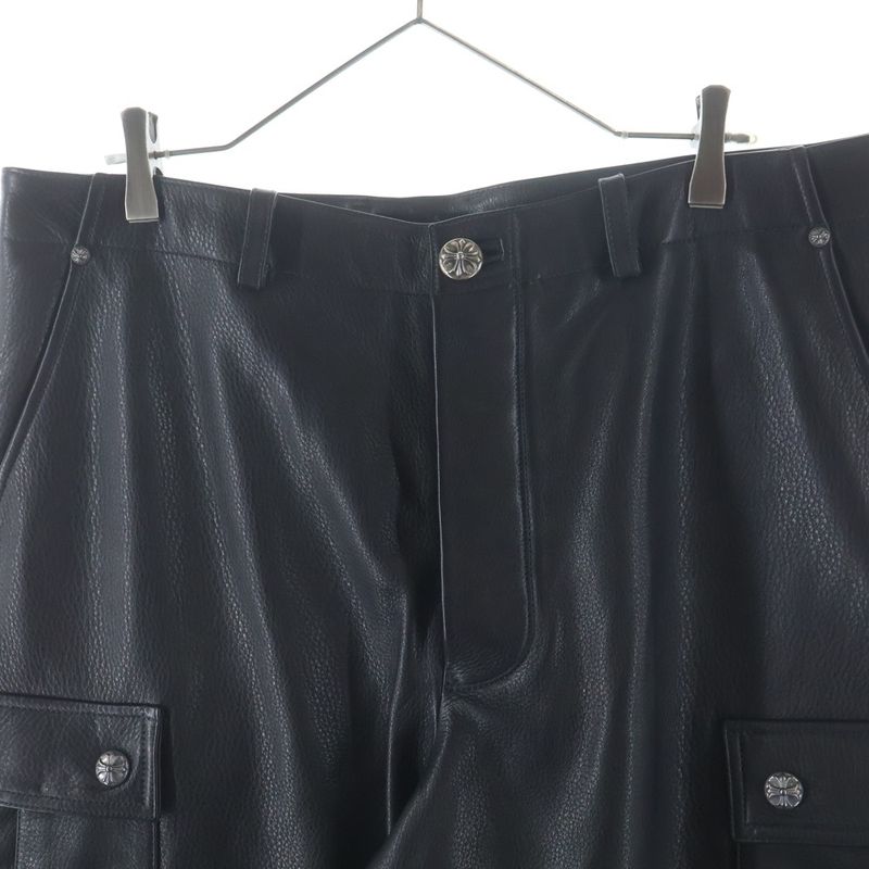 Chrome Hearts Devil Dog Lthr Cross Button Leather Long Pants Black