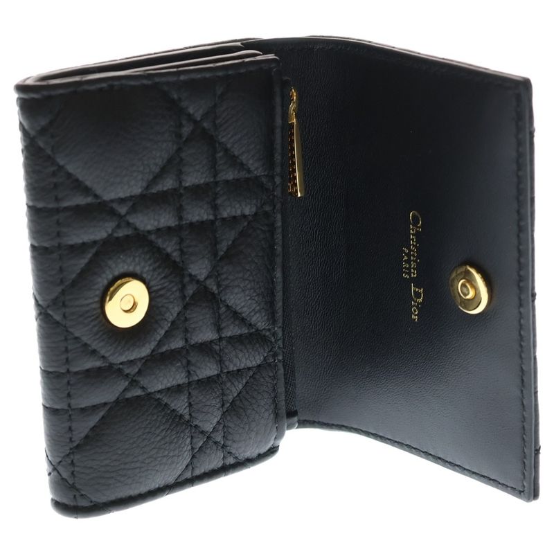 Dior Lady Cannage Card Case Business Holder Black Leather Gold