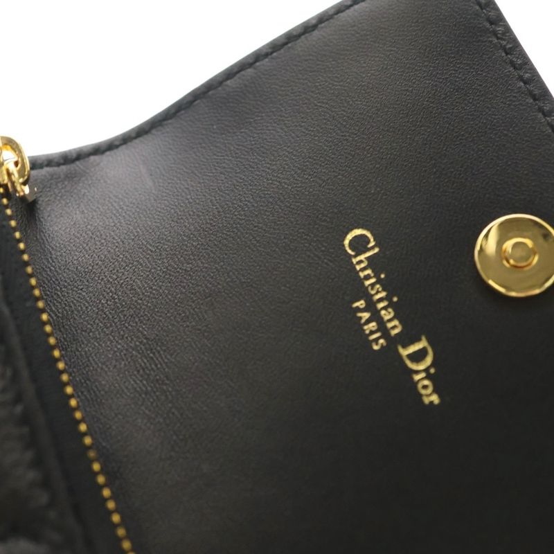 Dior Lady Cannage Card Case Business Holder Black Leather Gold