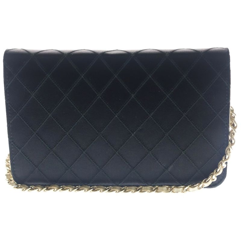 Chanel CC Logo Chain Wallet Shoulder Bag Satin Leather Black