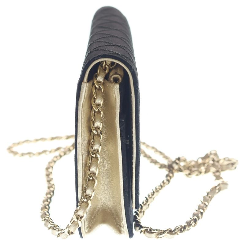 Chanel CC Logo Chain Wallet Shoulder Bag Satin Leather Black