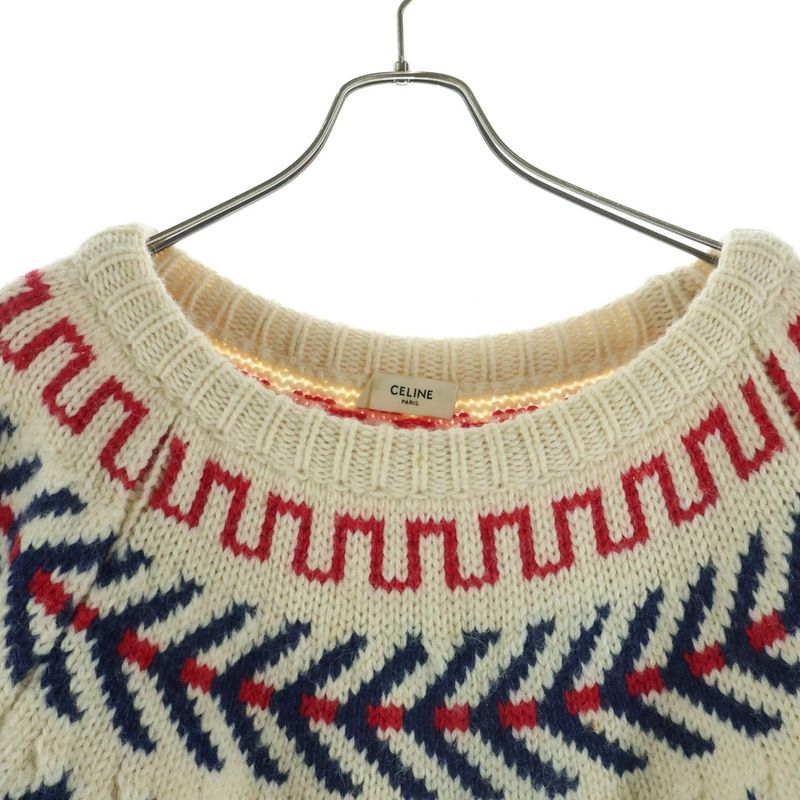 Celine Oversize Shetland Wool Crew Neck Long Sleeve Pullover Sweater Ivory Navy