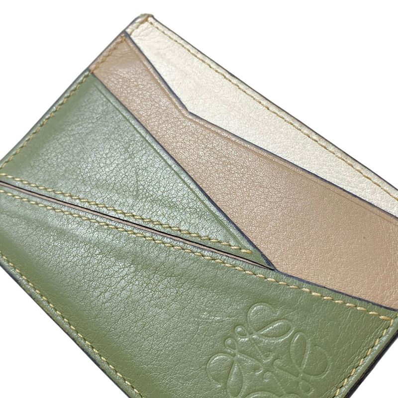 Loewe Card Case Puzzle Plain Holder Khaki Brown White Leather
