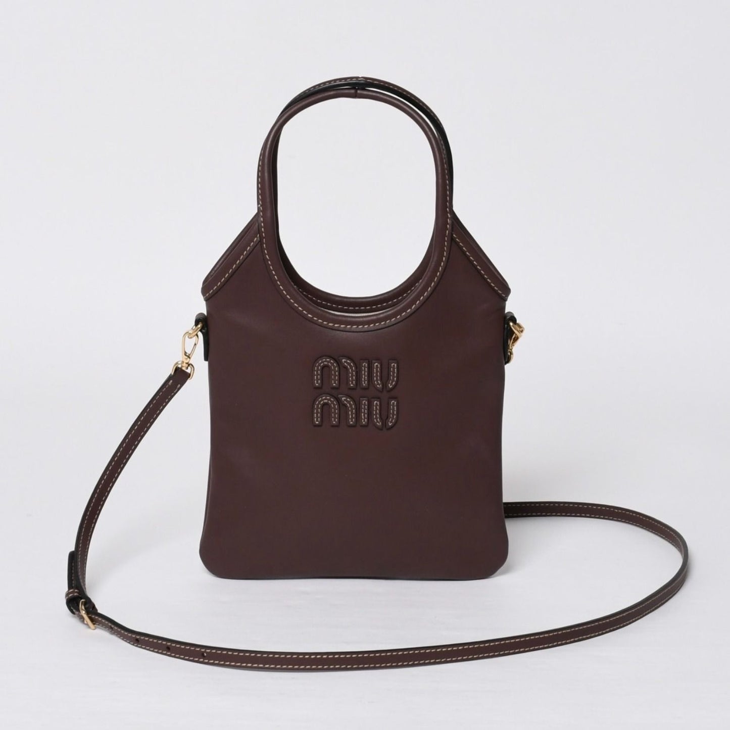 Miu Miu Ivy Mini Way Bag Calfskin Logo Patch Brown Gold