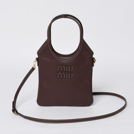 Miu Miu Ivy Mini Way Bag Calfskin Logo Patch Brown Gold