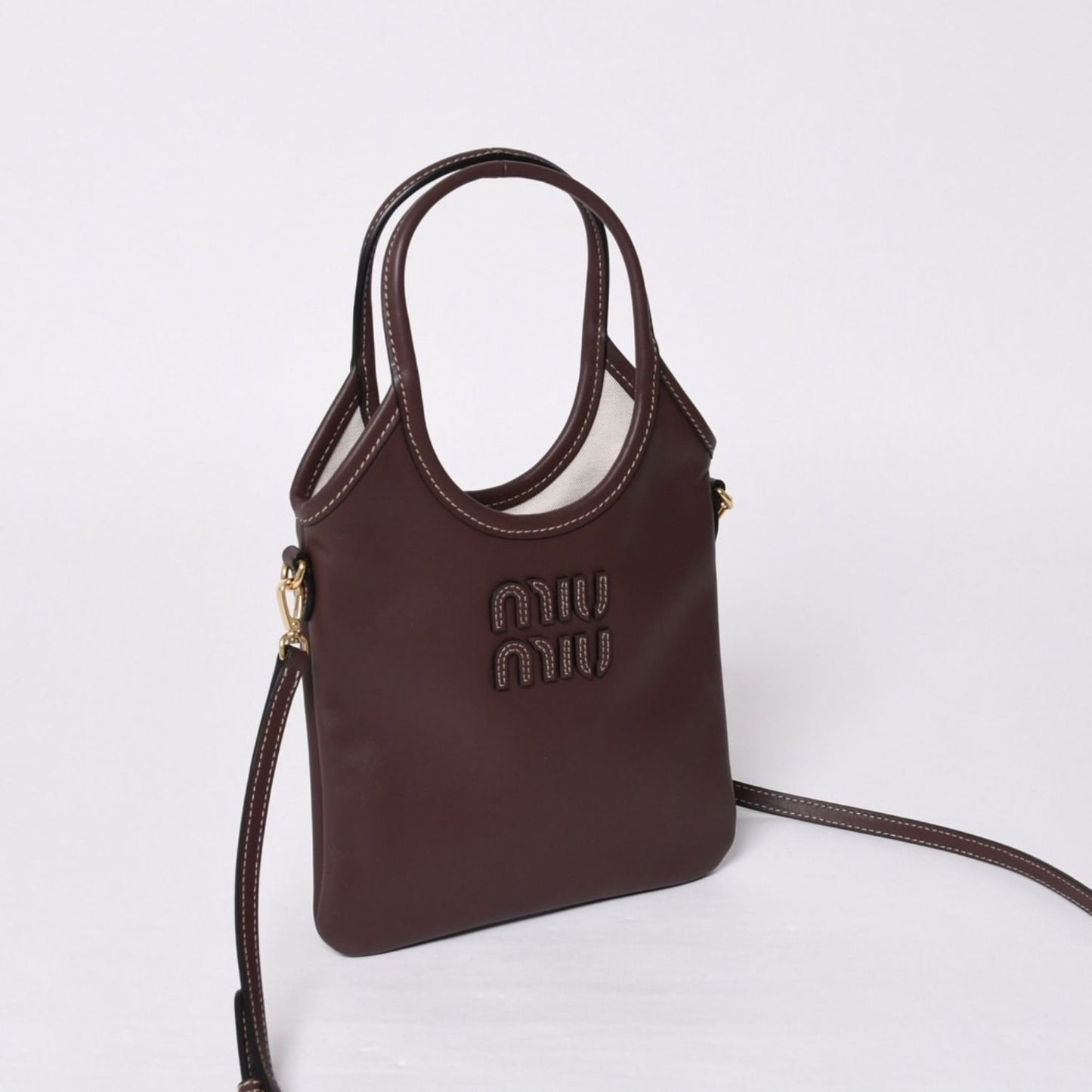 Miu Miu Ivy Mini Way Bag Calfskin Logo Patch Brown Gold — view 3