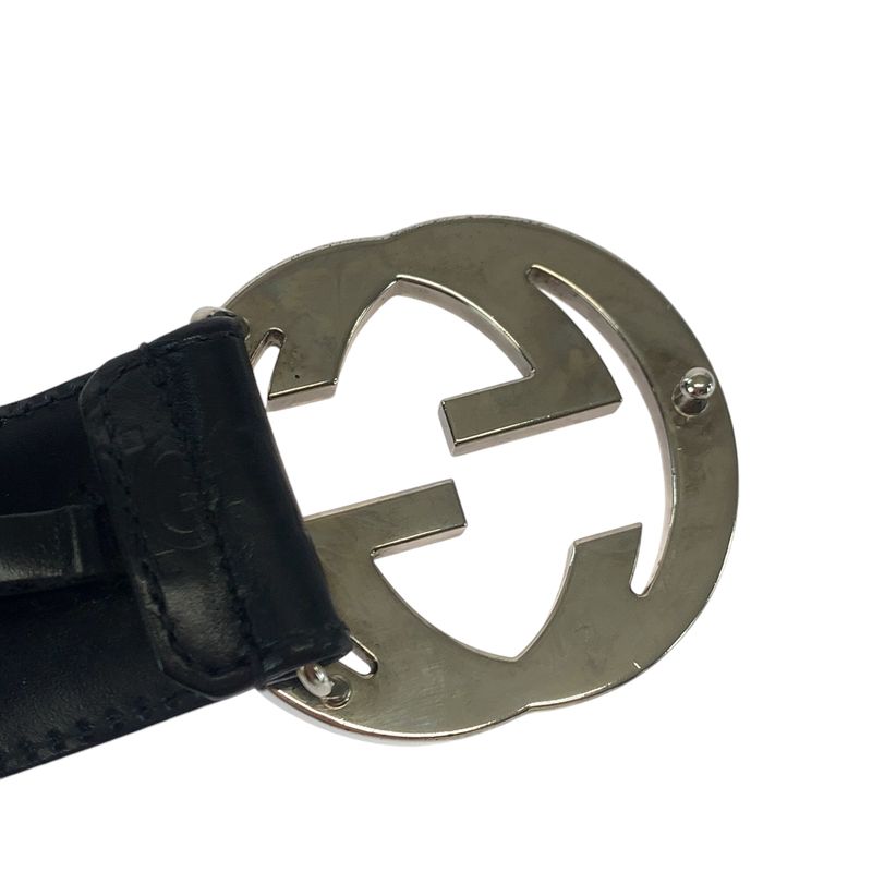 Guccissima Interlocking Black Silver Leather Belt Buckle