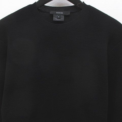 Gucci Long Sleeve Knit Sweater L Black Crew Neck Rib Stretch Hair Wool