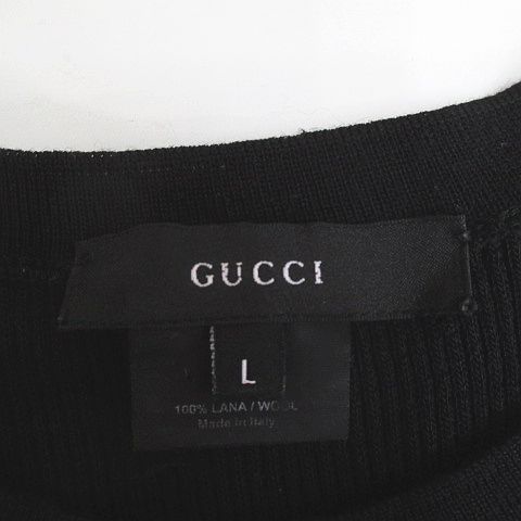 Gucci Long Sleeve Knit Sweater L Black Crew Neck Rib Stretch Hair Wool