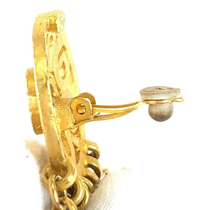 Chanel Vintage CC Logo Stone Gold Red Blue Plated Earrings Swing