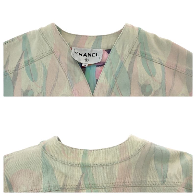 Chanel Botanical CC Logo 36 Pink Pastel Color Denim Jacket Collarless