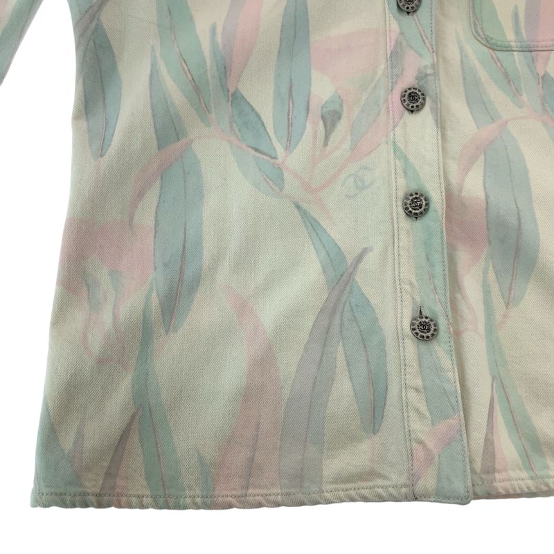 Chanel Botanical CC Logo 36 Pink Pastel Color Denim Jacket Collarless
