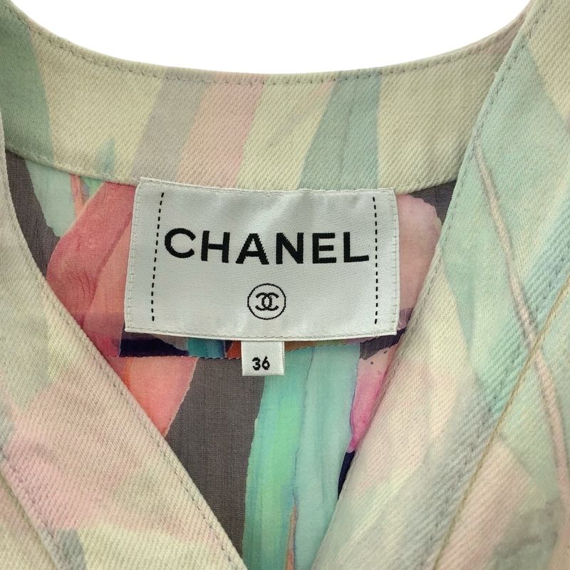 Chanel Botanical CC Logo 36 Pink Pastel Color Denim Jacket Collarless