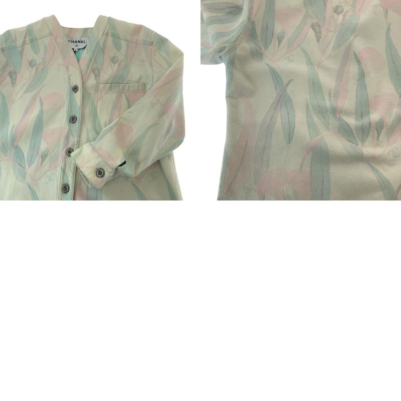 Chanel Botanical CC Logo 36 Pink Pastel Color Denim Jacket Collarless