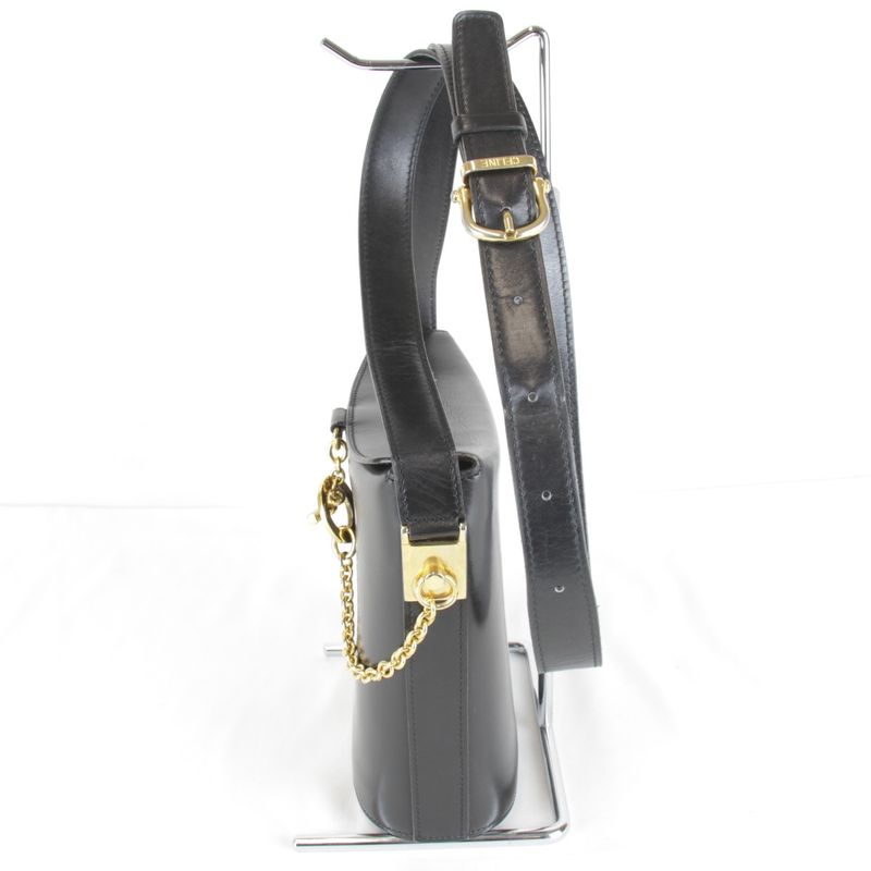 Celine Circle Logo Shoulder Bag Vintage Black Gold Leather High