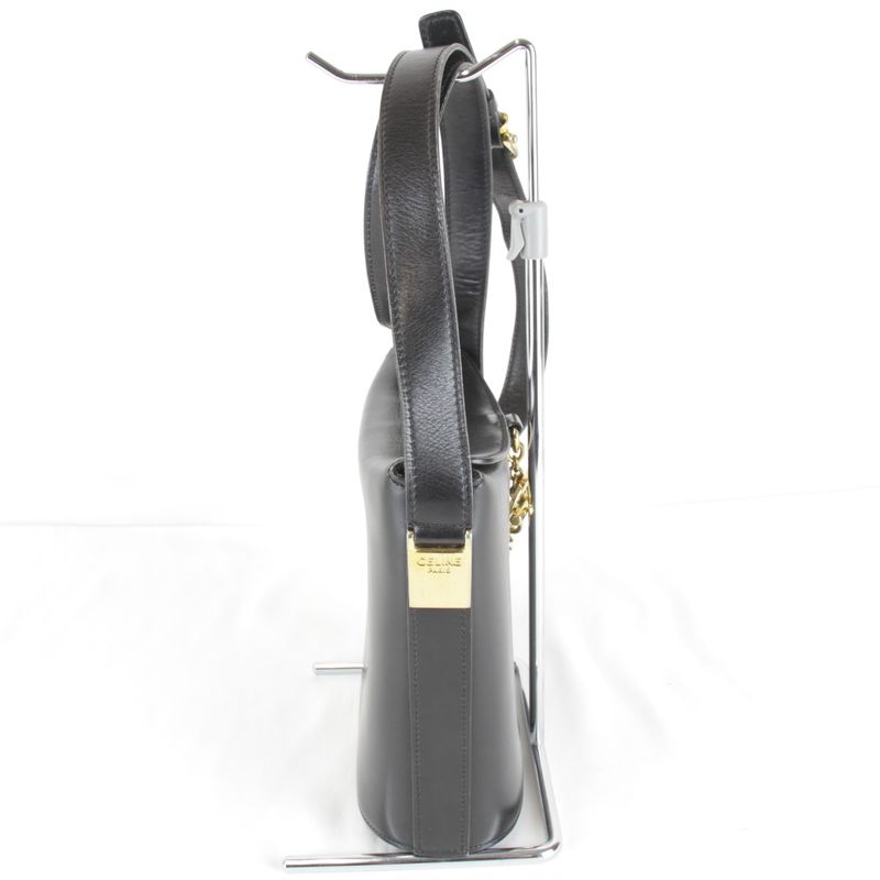 Celine Circle Logo Shoulder Bag Vintage Black Gold Leather High
