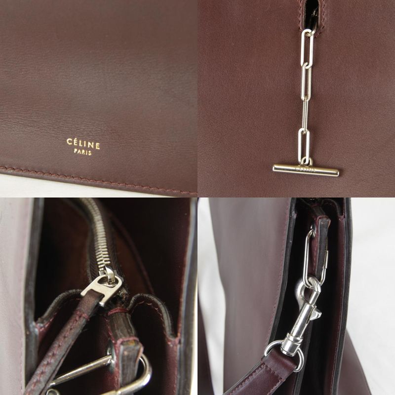 Celine Chain Shoulder Bag Leather Gold Wine Red High Simple