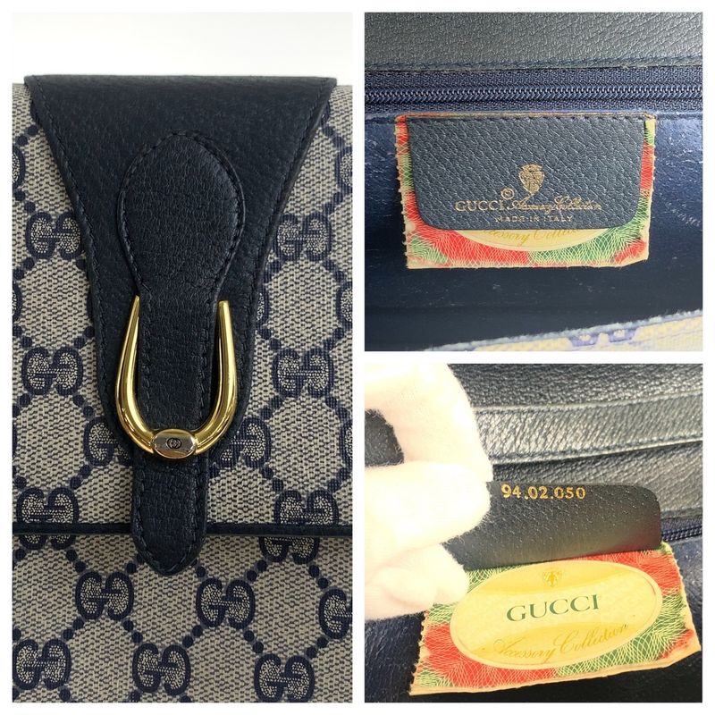 Gucci Vintage Navy Gray Gold GG Supreme Canvas Shoulder Bag