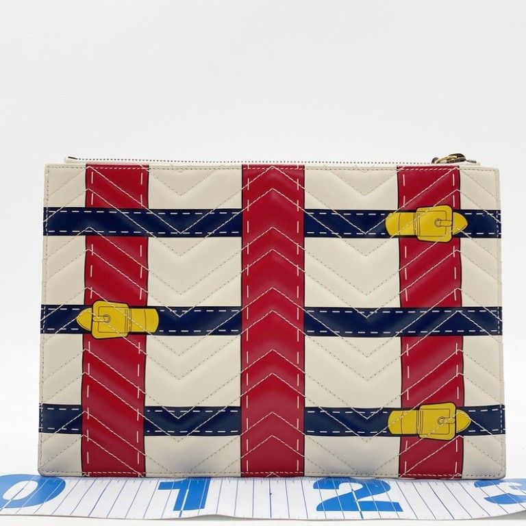 Gucci Clutch GG Marmont Ivory Red Navy Leather Belt Motif Gold