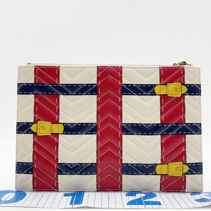 Gucci Clutch GG Marmont Ivory Red Navy Leather Belt Motif Gold