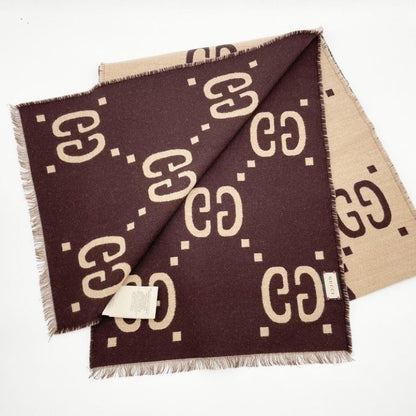 Gucci Scarf GG Jacquard Brown Beige 91% Wool 9% Silk