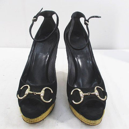 Gucci Sandals Wedge Sole Horsebit Ankle Strap 37.5 Black Suede