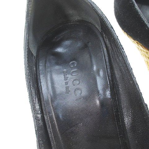 Gucci Sandals Wedge Sole Horsebit Ankle Strap 37.5 Black Suede