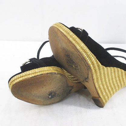 Gucci Sandals Wedge Sole Horsebit Ankle Strap 37.5 Black Suede