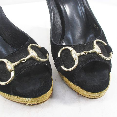 Gucci Sandals Wedge Sole Horsebit Ankle Strap 37.5 Black Suede