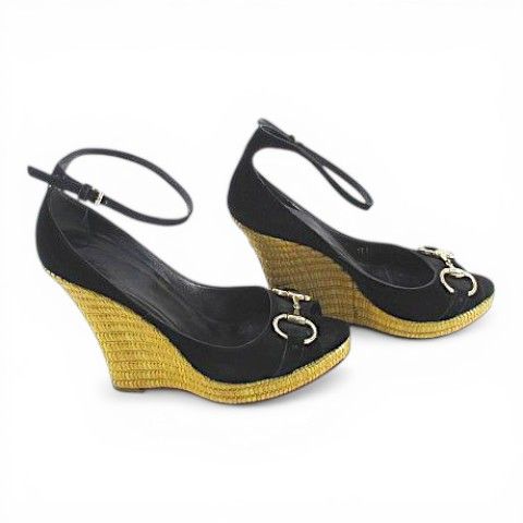 Gucci Sandals Wedge Sole Horsebit Ankle Strap 37.5 Black Suede
