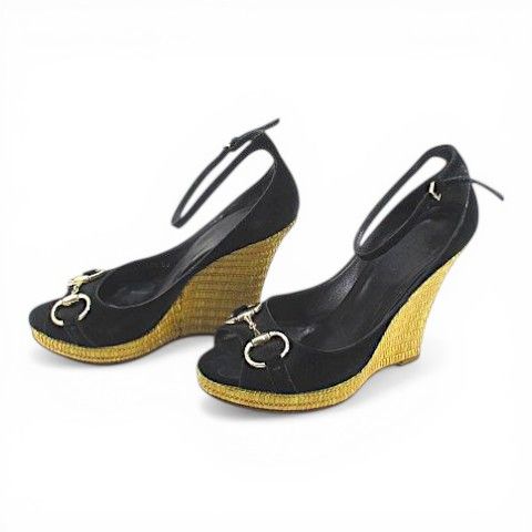 Gucci Sandals Wedge Sole Horsebit Ankle Strap 37.5 Black Suede